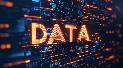 Abstract glowing DATA digital word on dark background, futuristic concept for business and technology.