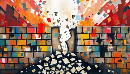 Poster - zero discrimination day abstract art depicting the breaking down of barriers and walls, representing the fight against discrimination