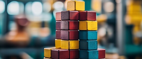 Leinwandbilder - Vibrant wooden blocks artfully arranged in a playful pyramid formation in a cozy environment : Generative AI