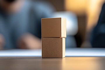 Poster - Two simple wooden blocks carefully stacked above one another on a table with a softly blurred background enhancing focus : Generative AI