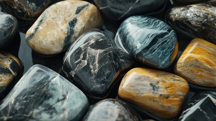Poster - A Close-Up View of Polished Multicolored Natural Stones in Various Textures and Patterns, Showcasing the Beauty of Organic Minerals Beneath Bright Lighting