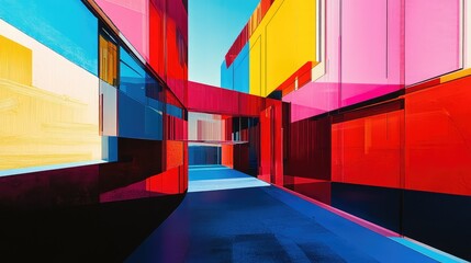 Poster - Vibrant Abstract Architecture with Colorful Glass Panels and Artistic Shadows in a Modern Urban Environment