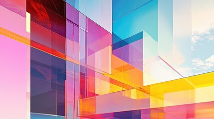 Poster - Abstract Geometric Composition of Colorful Glass Blocks Reflecting Light and Creating Vibrant Patterns Against a Bright Sky