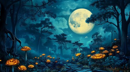 Enchanted Forest Digital Painting: Glowing Mushrooms Under a Full Moon AI Generated