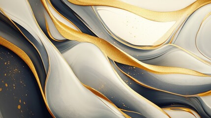 Poster - Elegant Abstract Background with Smooth Waves of Gray, White, and Gold Textures Creating a Vibrant and Luxurious Visual Appeal for Contemporary Designs