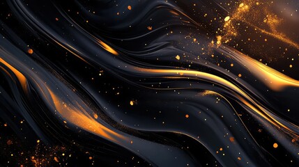 Poster - Abstract Black and Gold Swirl Background with Sparkling Particles Creating a Dynamic and Elegant Visual Effect Suitable for Modern Design Projects