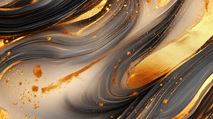 Poster - Elegant Fluid Abstract Artwork with Black Swirls and Golden Highlights Perfect for Modern Interiors and Artistic Themes in Design and Decor