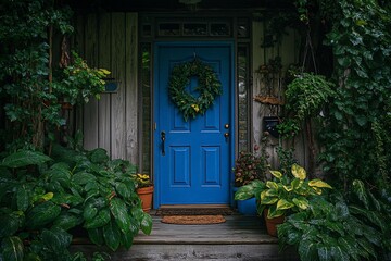 Wall Mural - Blue front door of a house surrounded by lush greenery and plants.