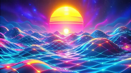 Wall Mural - Vibrant Abstract Landscape with Neon Waves and Bright Sun