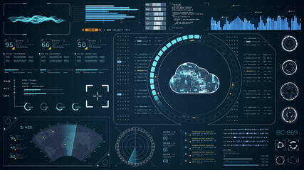 Poster - blue digital cloud computing with head up display (hud ui) with circuit panel background and futuris