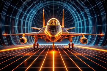 Poster - Futuristic Neon Airplane: Digital Aviation Technology Stock Photo