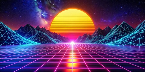 Poster - Futuristic Neon Grid Landscape: Vibrant Geometric Patterns & Digital Horizon Stock Photo