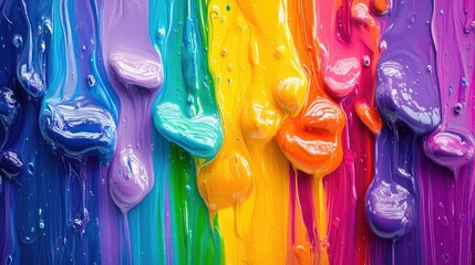 Poster - Vibrant and Colorful Dripping Paint Texture Abstract Background for Creative Projects, Artistic Designs, and Modern Art Representations in Bright Rainbow Palette