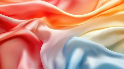 Poster - Colorful Smooth Satin Fabric Background with a Soft Flowing Texture in Vibrant Shades of Red, Orange, Yellow, and Blue for Creative Design and Art Project Needs