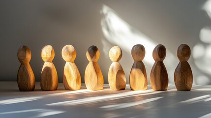 Poster - Wooden Figurines Arranged in a Line Showcasing Light and Shadow Play, Evoking Themes of Community, Connection, and Harmony in a Minimalist Setting