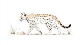 Illustration of a lynx walking gracefully across a rocky terrain with sparse grass in the background