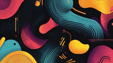 Poster - Abstract colorful illustration featuring dynamic shapes and flowing patterns in vibrant hues of red, blue, yellow, and pink against a dark background for creative projects