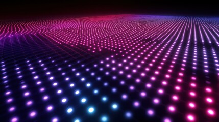 Poster - Abstract Neon Grid Landscape with Glowing Pink and Blue Lights on Black Background.
