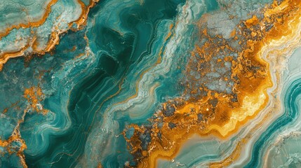 Poster - Abstract fluid art composition showcasing rich turquoise and gold hues with intricate marble-like patterns and textures, perfect for backgrounds and artistic projects.