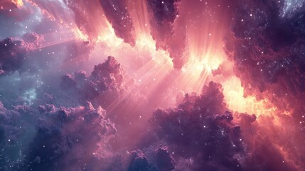 Wall Mural - ethereal pink and purple nebula with radiant light rays and sparkling stars - abstract space backgro