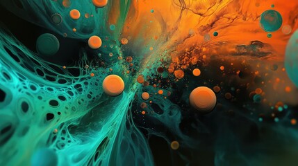 Poster - Abstract Colorful Fluid Design with Orange and Teal Swirling Patterns and Bubbles Creating a Dynamic Visual Experience for Modern Art or Background Use