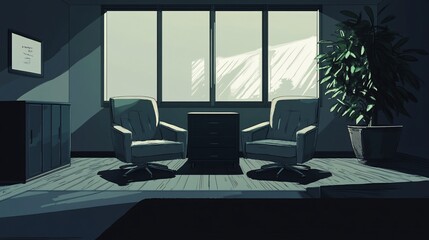 Poster - Sunlit office interior with two armchairs, a small table, plant, and cabinet.