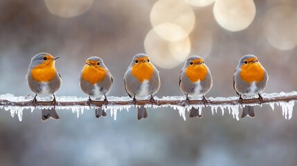 Poster - Five robins perched on a frosty branch in winter.