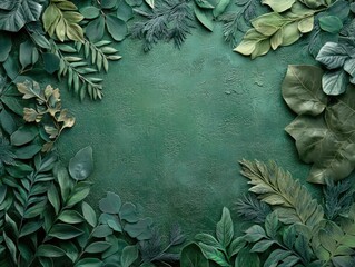 Wall Mural - Elegant Green Botanical Frame Assorted Leaves on Textured Backdrop for Design Templates and Natural Beauty