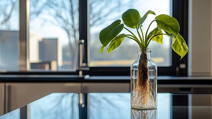 Wall Mural - A vibrant green plant with visible roots sits in a clear glass bottle on a reflective surface near a window.