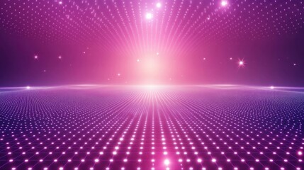 Poster - Futuristic Purple Grid Landscape with Glowing Lights and Horizon
