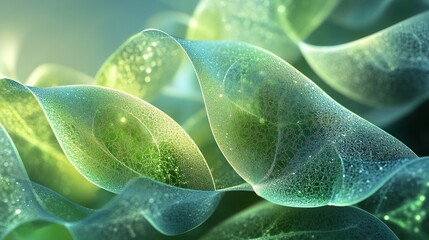 Wall Mural - Abstract representation of flowing, translucent green leaves with a soft, ethereal glow.