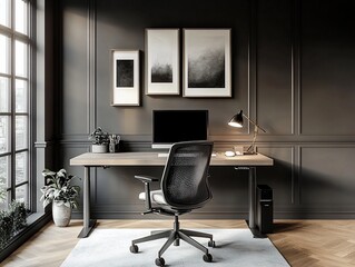 Poster - Modern home office with standing desk, ergonomic chair, and large window.