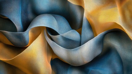 Poster - Abstract Textured Fabric Waves in Blue and Yellow Tones Highlighting Soft Flow and Dynamic Movement for Artistic and Design Inspiration