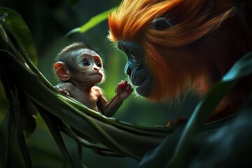 Poster - Golden lion tamarin mother and baby monkey in rainforest.