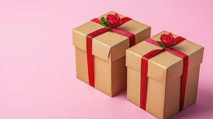 Wall Mural - Gift Boxes with Red Ribbons and Roses on Pink Background