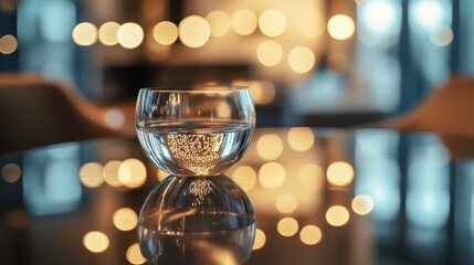 Poster - Glass of Water on Reflective Surface with Bokeh Light Background