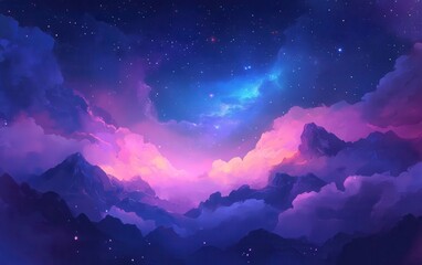 Wall Mural - dreamy mountainscape under a starry night sky with pink and blue nebula clouds