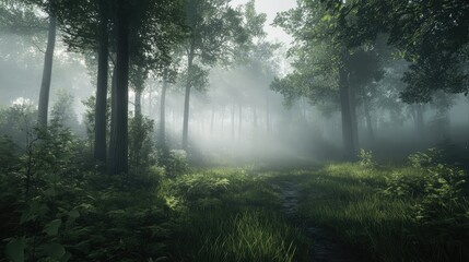 Poster - Enchanted Forest Pathway with Misty Atmosphere Surrounded by Lush Greenery and Tall Trees Perfect for Nature Lovers and Outdoor Enthusiasts