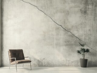 Poster - Minimalist Concrete Wall with Cracks and Simple Chair in Modern Space