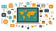 © alpian - Colorful digital illustration of a laptop displaying a world map surrounded by various tech icons