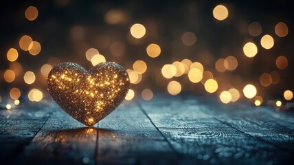 Wall Mural - Glittering Heart Shape Sparkles with Bokeh Lights on Wooden Table