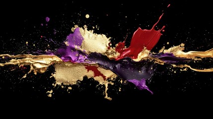 Poster - Vibrant Splashes of Colorful Paint Exploding Against a Dark Background, Showcasing Artistic Expression and Dynamic Motion with Rich Hues of Gold, Purple, Red, and Black