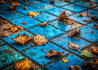 Poster - Macro Photo: Dirty Blue Tile Floor with Fallen Leaves