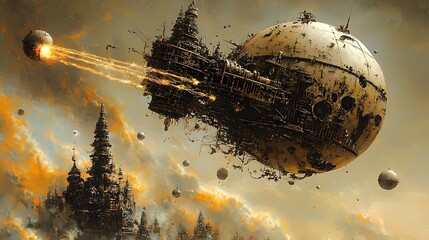 Poster - Aerial battle between two futuristic vimana spacecraft wielding beams of destructive energy in a dramatic cosmic landscape with planets nebulae and asteroids