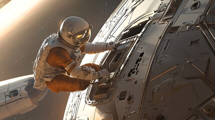 Aufkleber - Astronaut Floating in Zero Gravity Outside Spacecraft Repairing Damaged Power Panel to Restore Spacecraft s Energy Systems During Extraterrestrial Mission