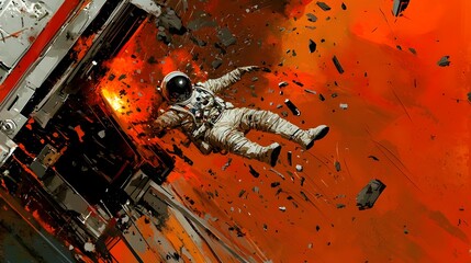 Poster - Astronaut navigating a chaotic field of space debris after a catastrophic explosion dodging and maneuvering through the dangerous environment to find safety