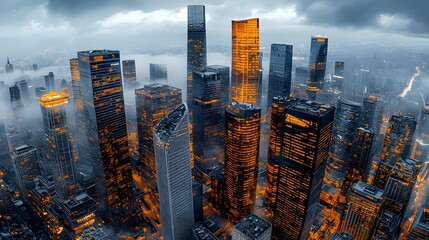 Aufkleber - Dramatic nighttime cityscape with towering skyscrapers shaking violently as a powerful earthquake strikes surrounded by dark stormy clouds and flashes of lightning in the moody