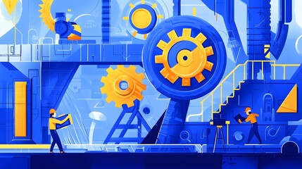 Poster - Futuristic factory scene with a worker  likely a mechanic  tightening a bolt on a fast moving production line  The depicts a highly automated  efficient industrial process with various machines