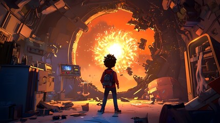 Poster - Scientist in a Futuristic Laboratory Activating a Powerful Energy Core  The scene depicts a dramatic moment as the scientist interacts with a high tech control panel