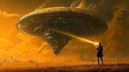 Poster - Scientist scanning an ancient mysterious alien artifact with a powerful laser beam in a surreal futuristic landscape with an ominous orange sky and dramatic clouds